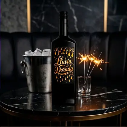 Botella de Lluvia Dorada sobre una mesa de mármol negro, junto a una cubitera con hielo y un vaso con bengalas encendidas