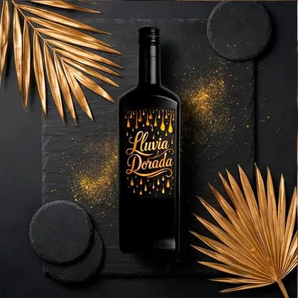 Botella de Lluvia Dorada sobre una pizarra negra con hojas de palma doradas y purpurina