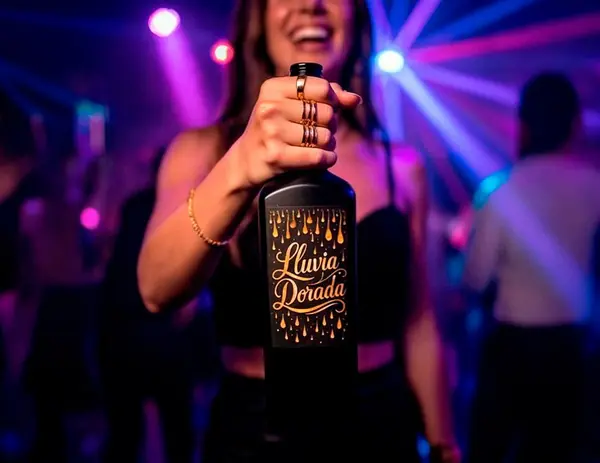 Chica sonriente mostrando una botella de Lluvia Dorada en una discoteca con luces de colores