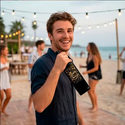 Chico sonriente con una botella de Lluvia Dorada en una fiesta en la playa con guirnaldas de luces